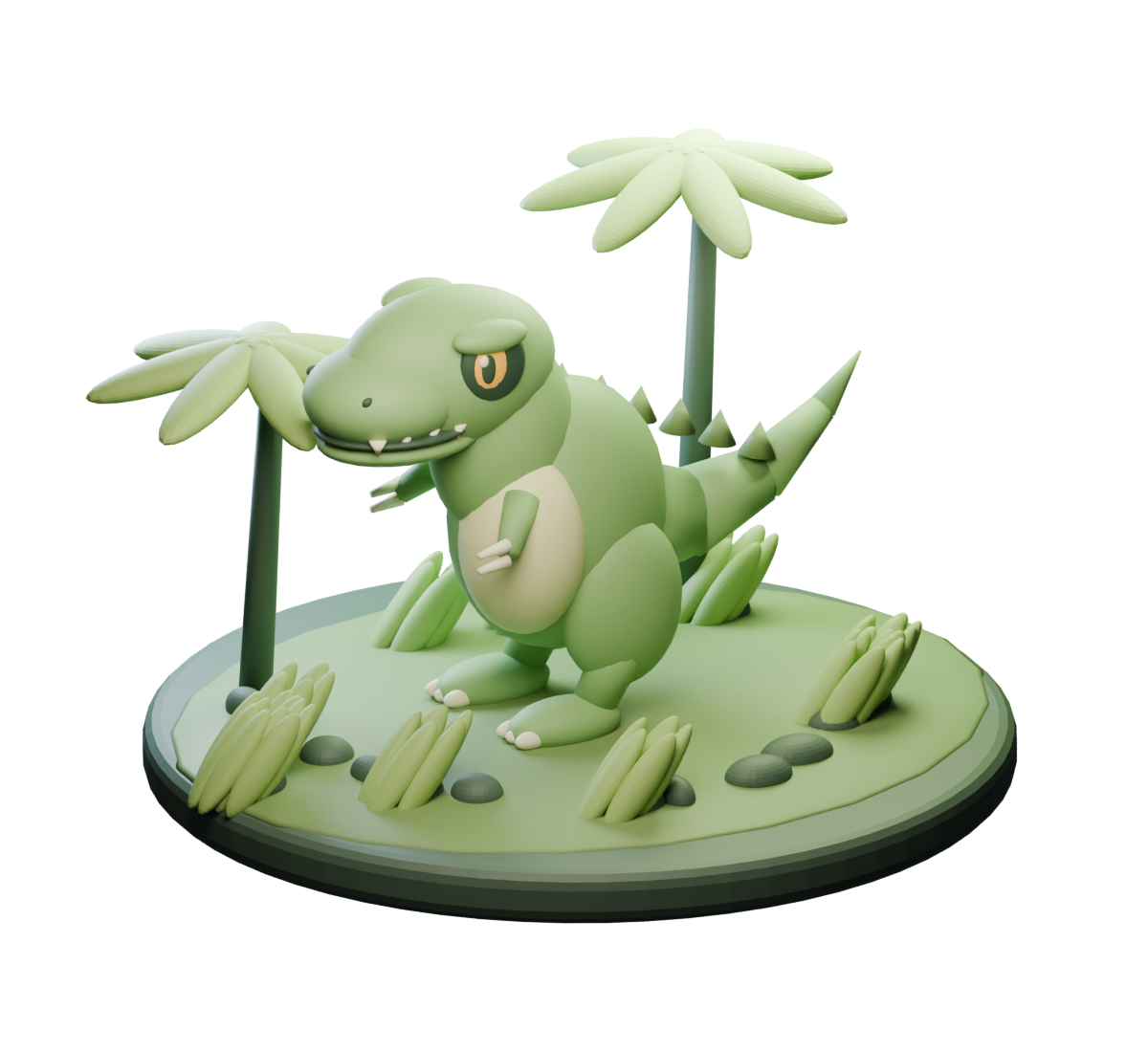 A green 3D T-rex with amber eyes, tiny arms and a long tail on a miniature fern-covered island
